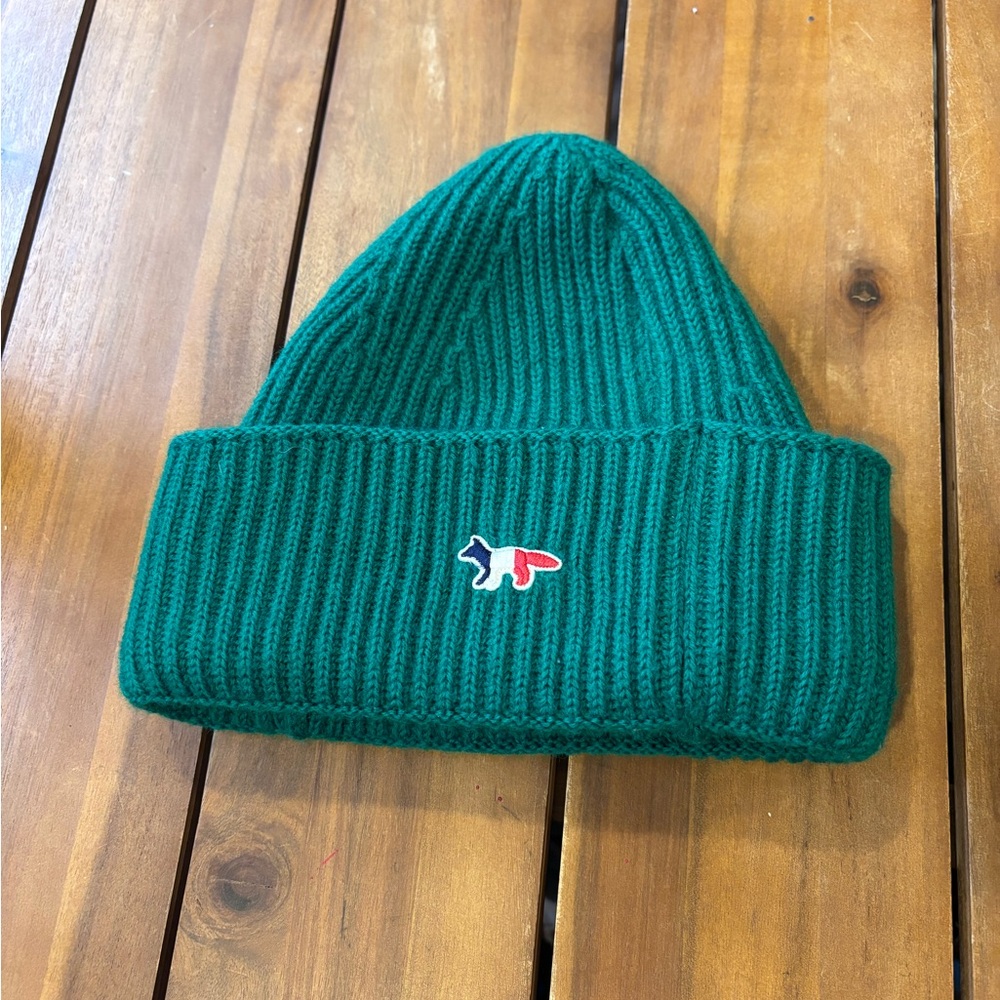 Green Unisex Maison Kitsune Tricolor Fox Rib Beanie Hat